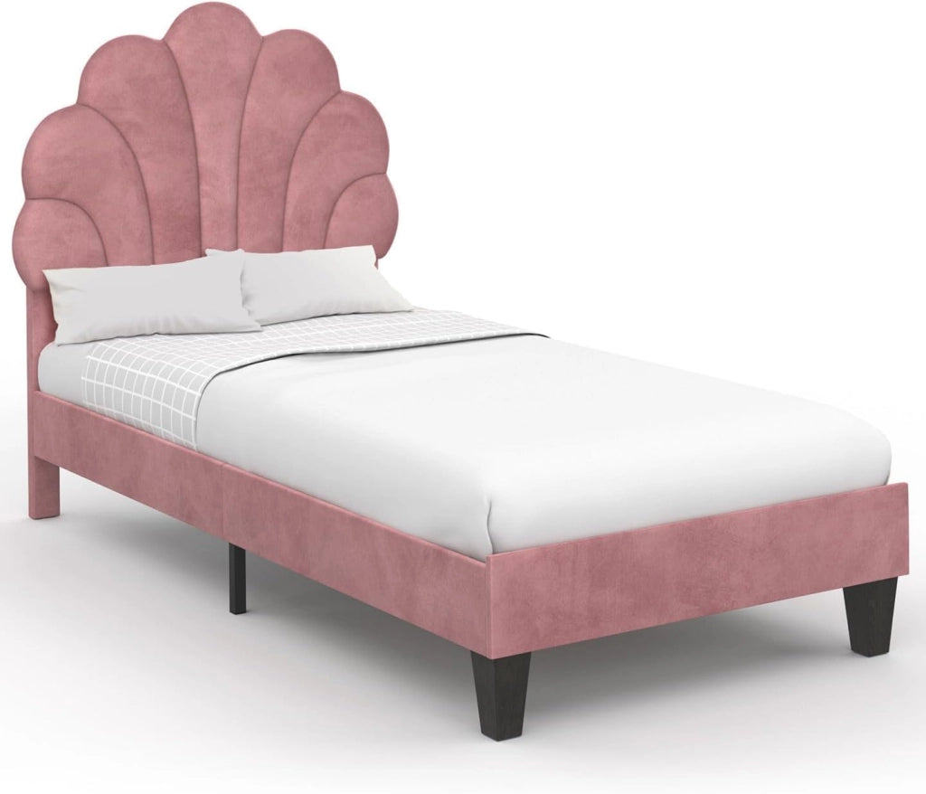 Letto singolo a conchiglia AMANDA 90 x 190 cm con base in velluto rosa cipria