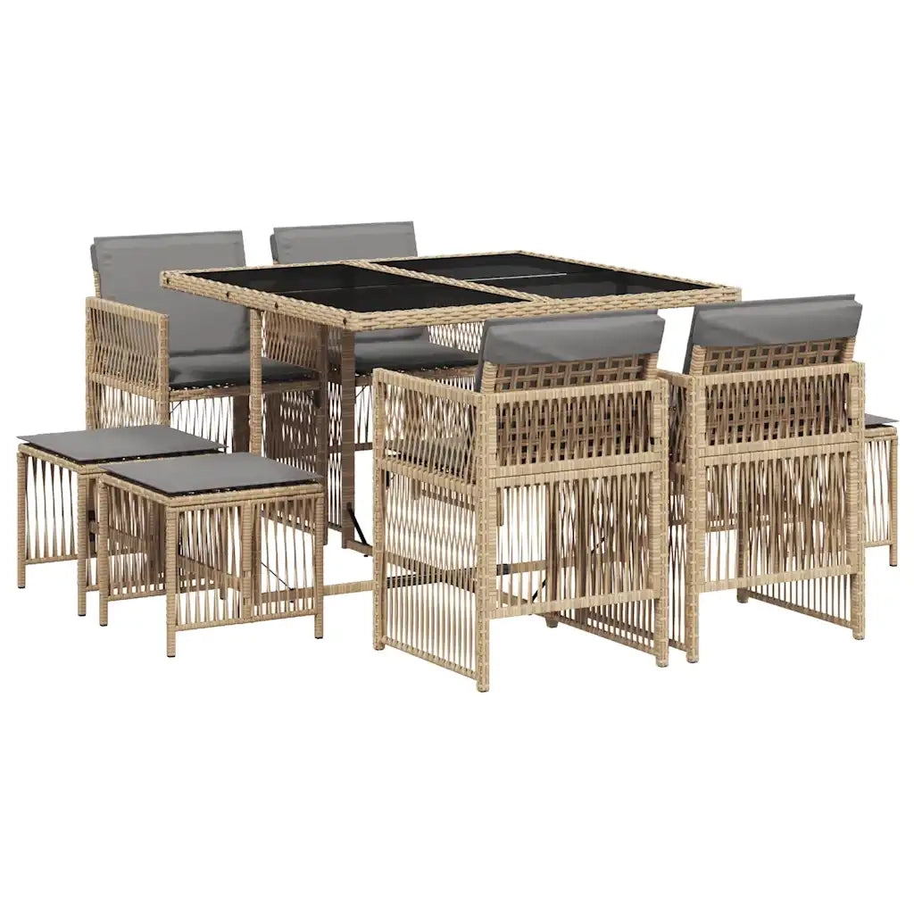 Set Pranzo da Giardino 9 pz | Set Salotto da Giardino con Cuscini Beige Misto Polyrattan
