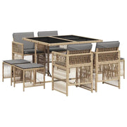 Set Pranzo da Giardino 9 pz | Set Salotto da Giardino con Cuscini Beige Misto Polyrattan