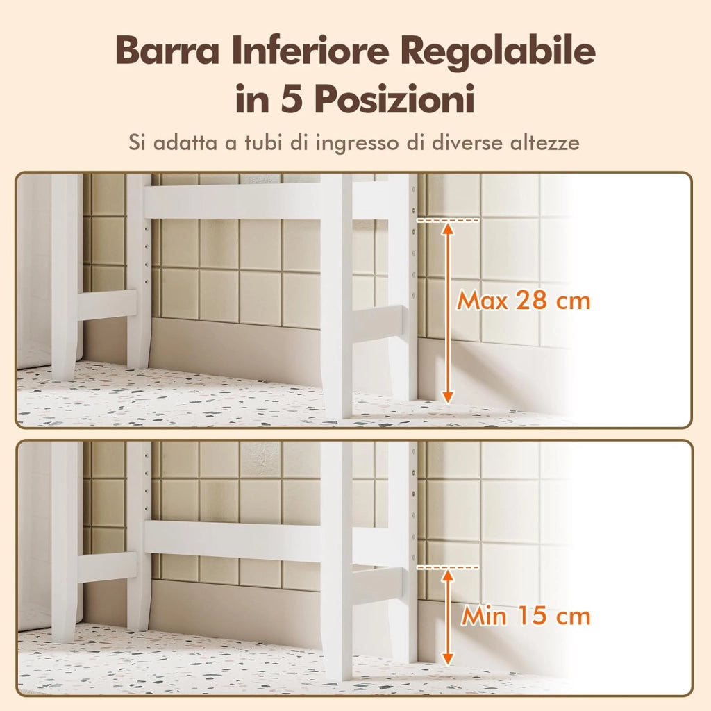 Mobile Sopra Lavatrice, Armadietto da Bagno Indipendente Alto 165 cm con Ripiani Aperti, Cassetti e Barra Inferiore Regolabile, Mobile Sopra WC Salvaspazio, 60 x 20,5 x 165 cm