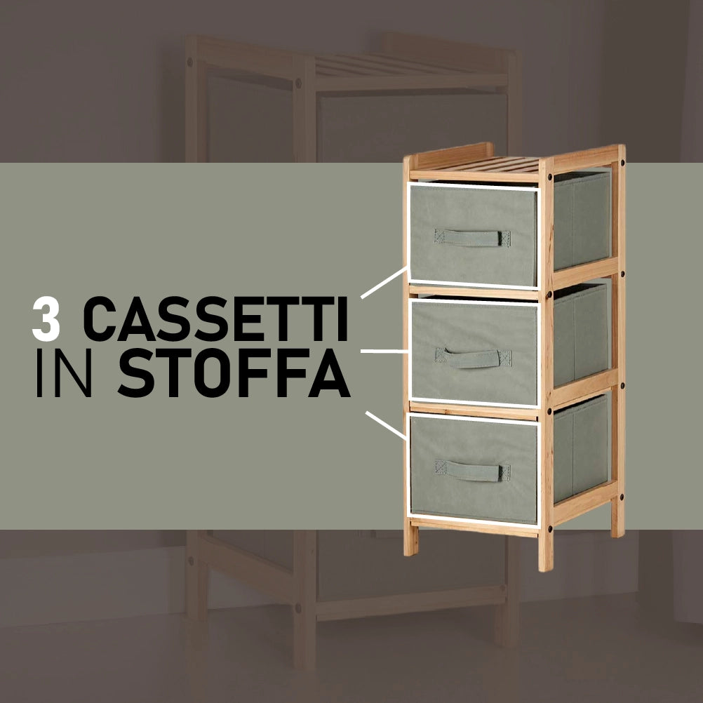 Mobile Cassettiera 3 Cassetti in Legno Naturale e Stoffa Colore Grigio H 70cm