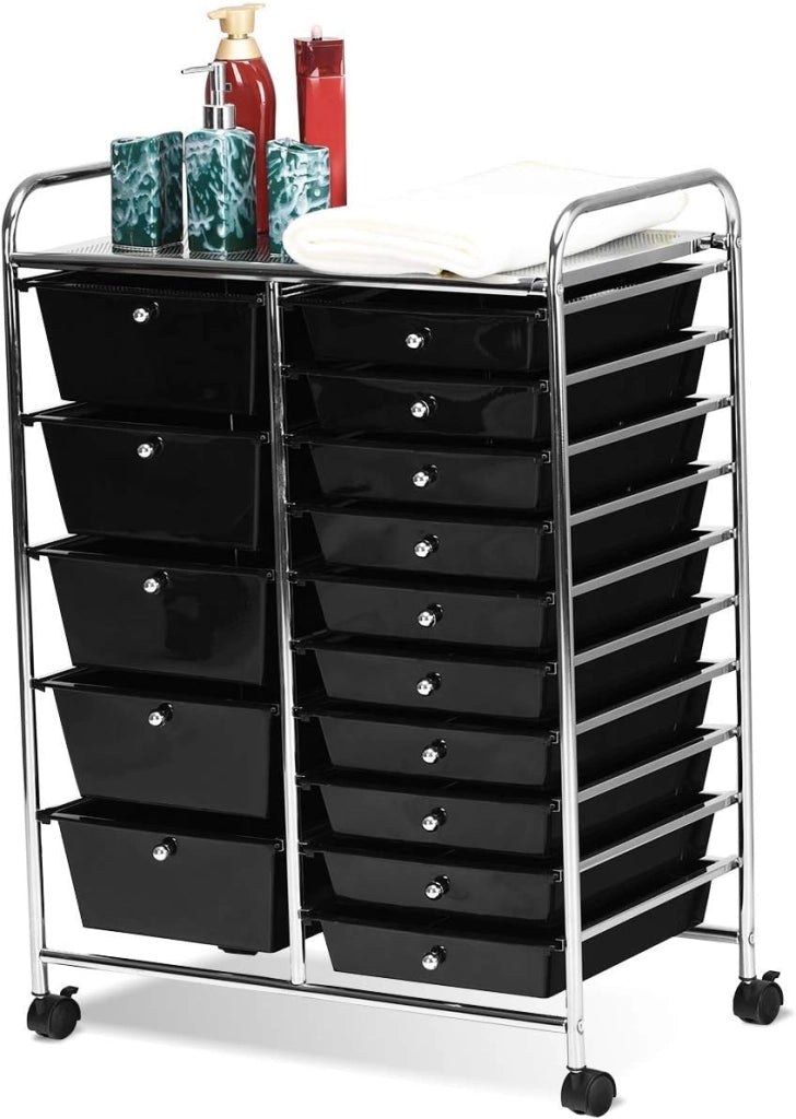 Carrello con 15 Cassetti Impilabili, Carrello di Stoccaggio con Ruote, Carello Portaoggetti per Casa e Ufficio, 62,5 x 37 x 87 cm (Nero)