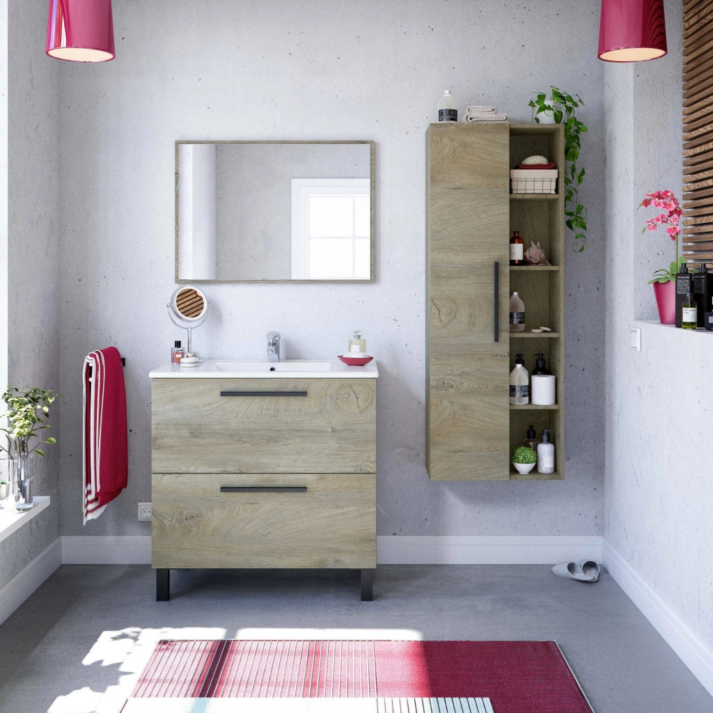 Mobile sottolavabo Abissalino, Mobiletto per bagno a 2 cassetti, Armadietto sospeso con specchio, lavabo non incluso, cm 80x45h80, Rovere