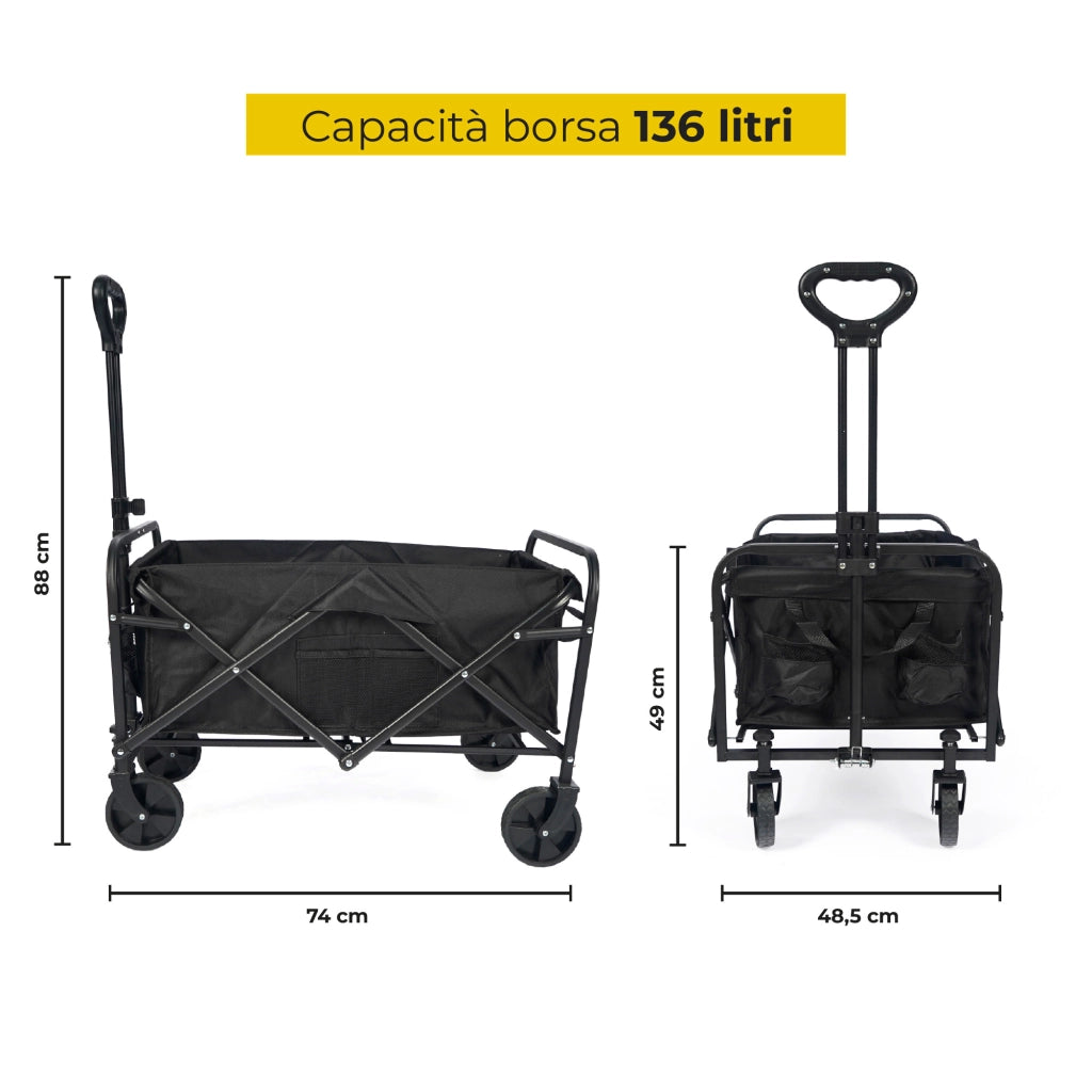 Carrello Portatutto Pieghevole con Ruote per Spesa, Pellet, Spiaggia, Campeggio e Giardino, Wagon Multiuso Grande Capacità 80 kg