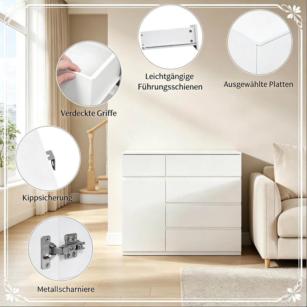 Armadio moderno bianco con 5 cassetti e ripiano regolabile, 100x40x80 cm