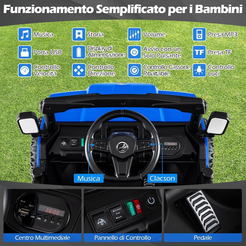 24V Camion Ribaltabile per Bambini, Auto Elettrica con Cassone Ribaltabile Telecomando Musica Storie Luci LED e Sospensioni a Molla, Macchina Elettrica per Bambini 3-8 Anni (Blu)