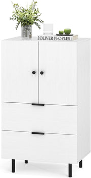 Mobiletto di Stoccaggio con 2 Cassetti e Scomparto a Doppie Porte, Tavolino in Stile Industriale con Gambe in Metallo Robuste, Dispositivo Anti-Ribaltamento, Caffè/Bianco