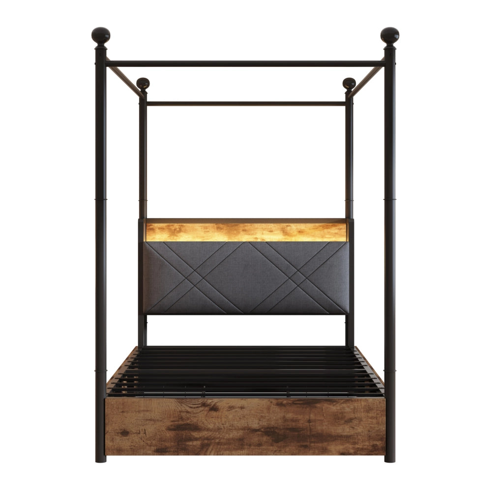 Letto singolo a baldacchino ULEVR 90x190 cm con LED, prese USB e Type-C, 2 cesti laterali