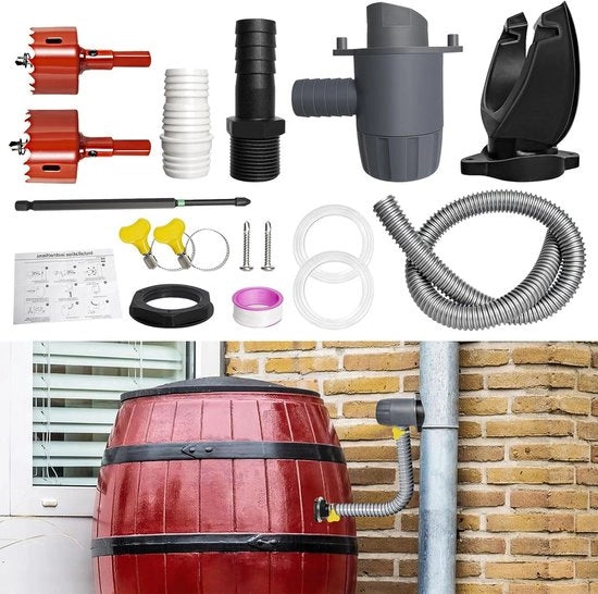 Raccoglitore di Acqua di Pioggia 70-110 mm per Tubi di Pioggia con Accessori di Montaggio - Set di Connessione con Tubo di 1 m - Scarico per Coperture fino a 80 m²
