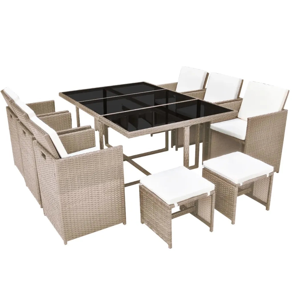 Set da Pranzo da Giardino 11 pz con Cuscini in Polyrattan Beige cod mxl 39435