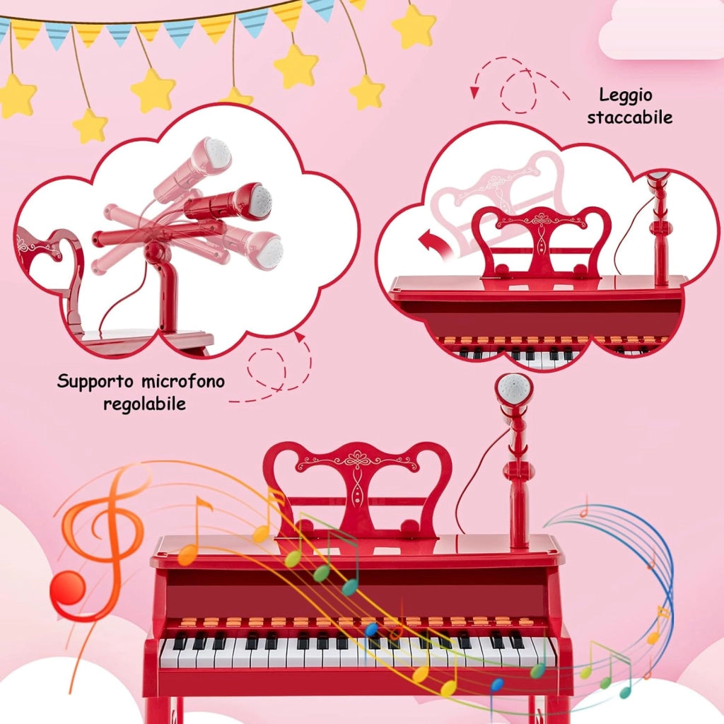Set Pianoforte Elettrica a 37 Tasti, Tastiera Digitale con Microfono Regolabile, Supporto Rimovibile, Funzioni di Record e Playback, Pianoforte Giocattolo per Bambini 3+Anni (Rosso)