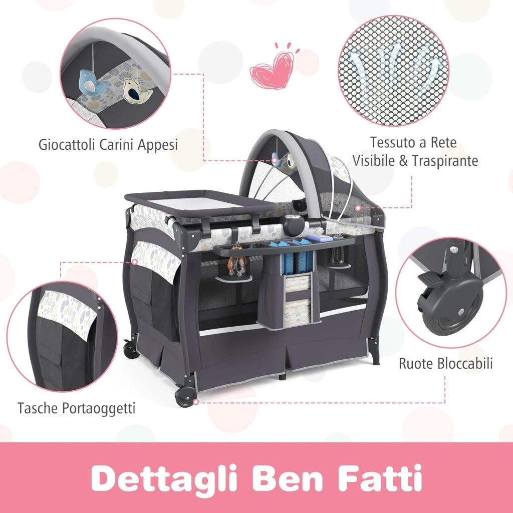 4 in 1 Lettino Neonato con Materasso, Culla da Campeggio con Fasciatoio Cappottina Regolabile, Ruote Bloccabili, Box Piechevole per Bambini 0-36 Mesi (Foglie)