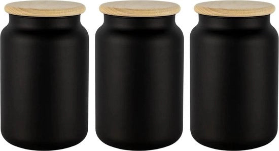 Tre contenitori in vetro trasparente con coperchio in legno, a tenuta d'aria, capacità 970 ml, contenitori per conservazione, set per tè, muesli, conservazione, contenitori per caffè, contenitori per erbe.