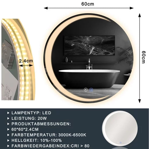ZMH Specchio da bagno con illuminazione Specchio da parete moderno rotondo IP44 dimmerabile per il bagno