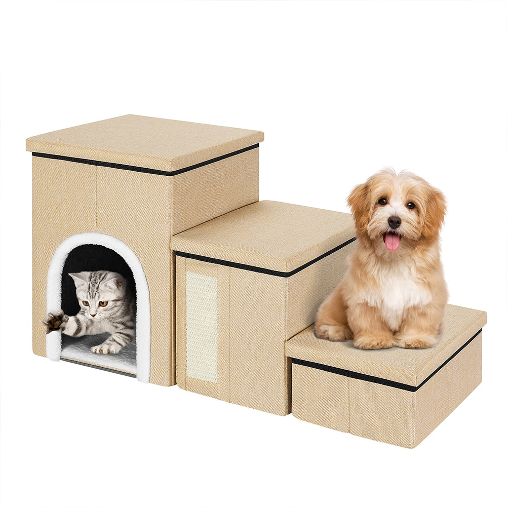 Scala per Animali 3in1 Multifunzione Scaletta Beige Pieghevole Vano Contenitore