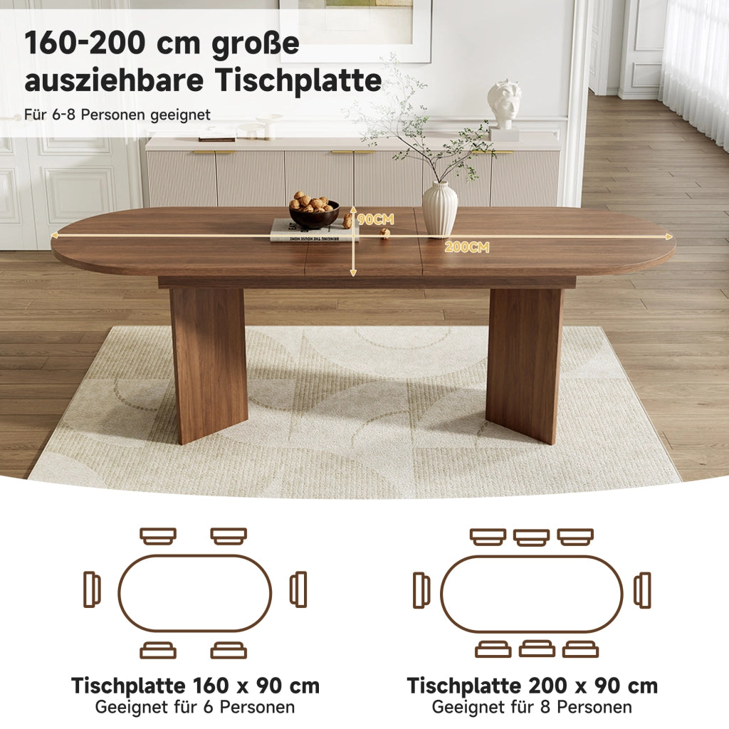 Tavolo allungabile con piano spesso 18 mm e angoli arrotondati, struttura stabile per sala da pranzo, in MDF, noce