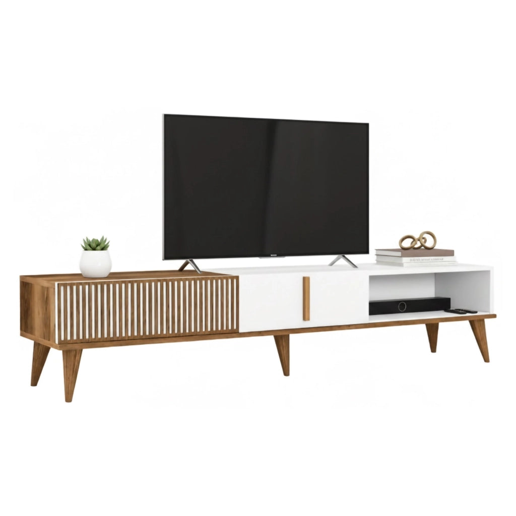 Mobile porta TV Jakuchu, Credenza da soggiorno, Armadio basso per TV, Base parete attrezzata, 180x35h40 cm, Noce e Bianco