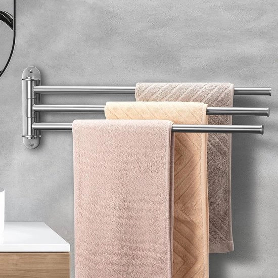 Supporto per asciugamani per bagno, 3 braccioli, girevole, con 3 armature, 40 cm, fissaggio alla parete, acciaio inossidabile, colore argentato