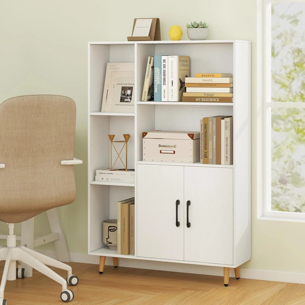 Armadietto da soggiorno, libreria, 2 ante e 5 scomparti aperti, credenza in legno, 80 x 23,5 x 119 cm (Bianco)