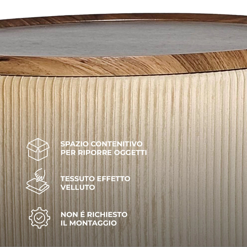 Set 2 Pouf Contenitore Rotondi in Velluto con Coperchio in Legno, Tavolino da Salotto Moderno, Pouf Contenitore Multiuso, Pouf Poggiapiedi, Tavolino Contenitore Salvaspazio Crema