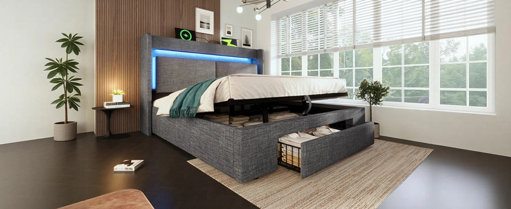 Letto imbottito 160x200cm con contenitore, USB/Type-C, LED, grigio, materasso incluso