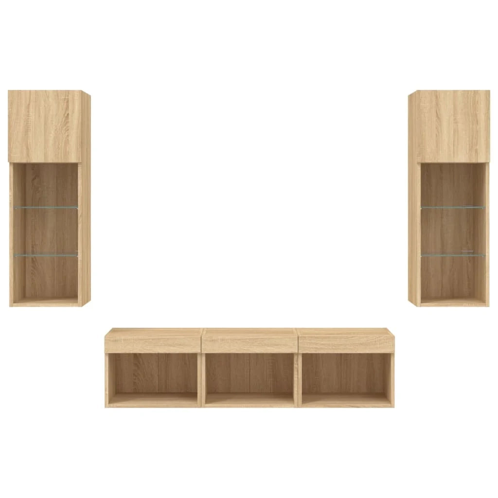 Mobile TV multimediale scaffale TV credenza mobile TV sala da pranzo soggiorno camera da letto con illuminazione a LED 5 pezzi rovere Sonoma legno ingegnerizzato marrone 02_0029413