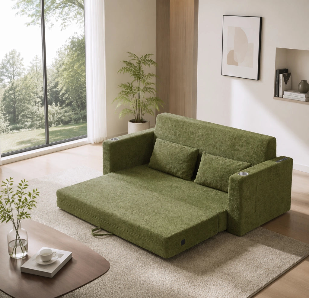Divano letto convertibile 2 posti per piccoli spazi con porte USB, portabicchieri e tasche laterali in velluto verde