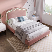 Letto singolo LED – 90x190 cm – testiera regolabile rete – velluto rosa
