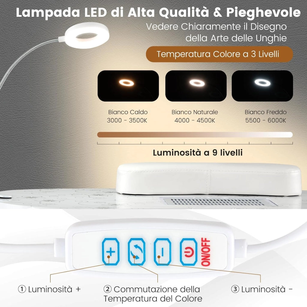 COSTWAY Tavolo per Manicure Pieghevole con Aspiratore, Tavolo per Unghie Portatile con Luce LED Regolabile, Cuscino Poggia Polso Rimovibile, Borsa da Trasporto e 4 Ruote Bloccabili (Bianco)