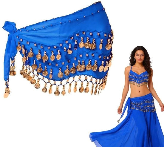 Benda per danza orientale - Fascia per vita per donne - Ideale per danza del ventre e feste - Blu - Pailletti e chiffon - 1 pezzo - Adatto per pod..