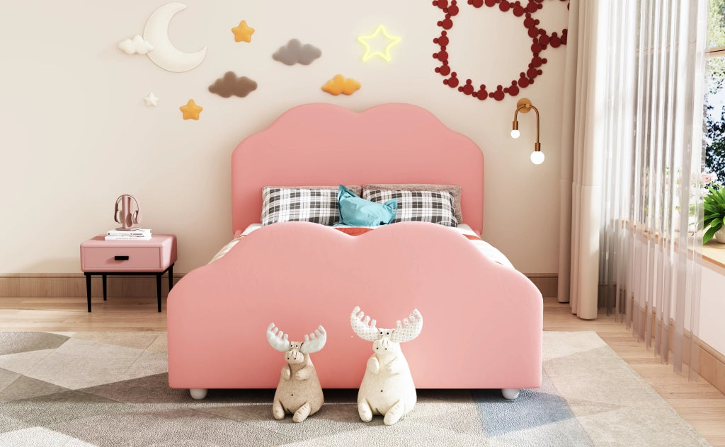 DESMIU Letto per Bambini Singolo con Sponda e Testiera Regolabile 90 × 200 cm, senza materasso, Rosa, Imbottito