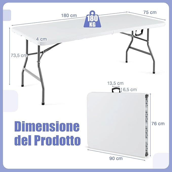 Tavolo da Pranzo Pieghevole 180 cm, Tavolo Campeggio in Plastica con Maniglia, Gambe in Metallo e Piedini Antiscivolo, per Picnic, Campeggio, Giardino, Portata 180 kg