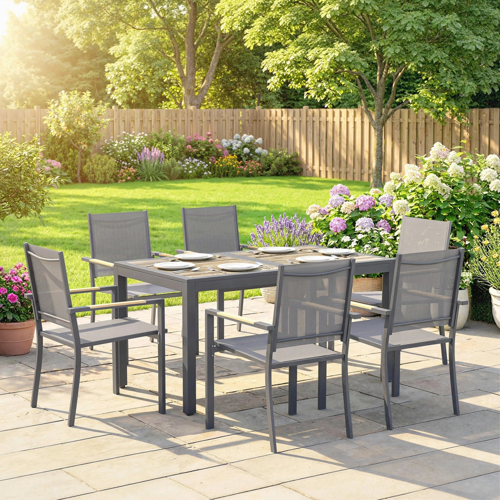 Set Tavolo da Pranzo 7 Pezzi - Xylo - Effetto Legno 6 Sedie Impilabili Textilene Grigio Giardino 140x80x72cm