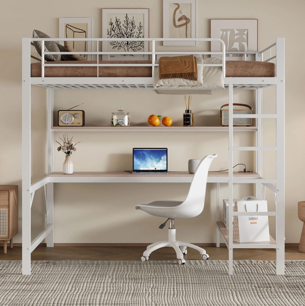 Letto a soppalco 140x200 cm con LED; scala e scrivania in metallo e MDF bianco