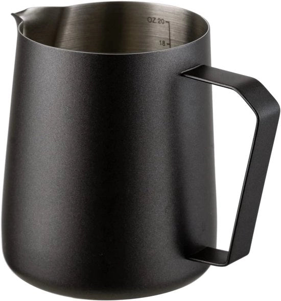 Melkopschuimkan 600 ml – Melkkan in Acciaio Inossidabile Nero con Distribuzione di Misura – Barista Melkkannetje per Cappuccino, Latte e Espresso