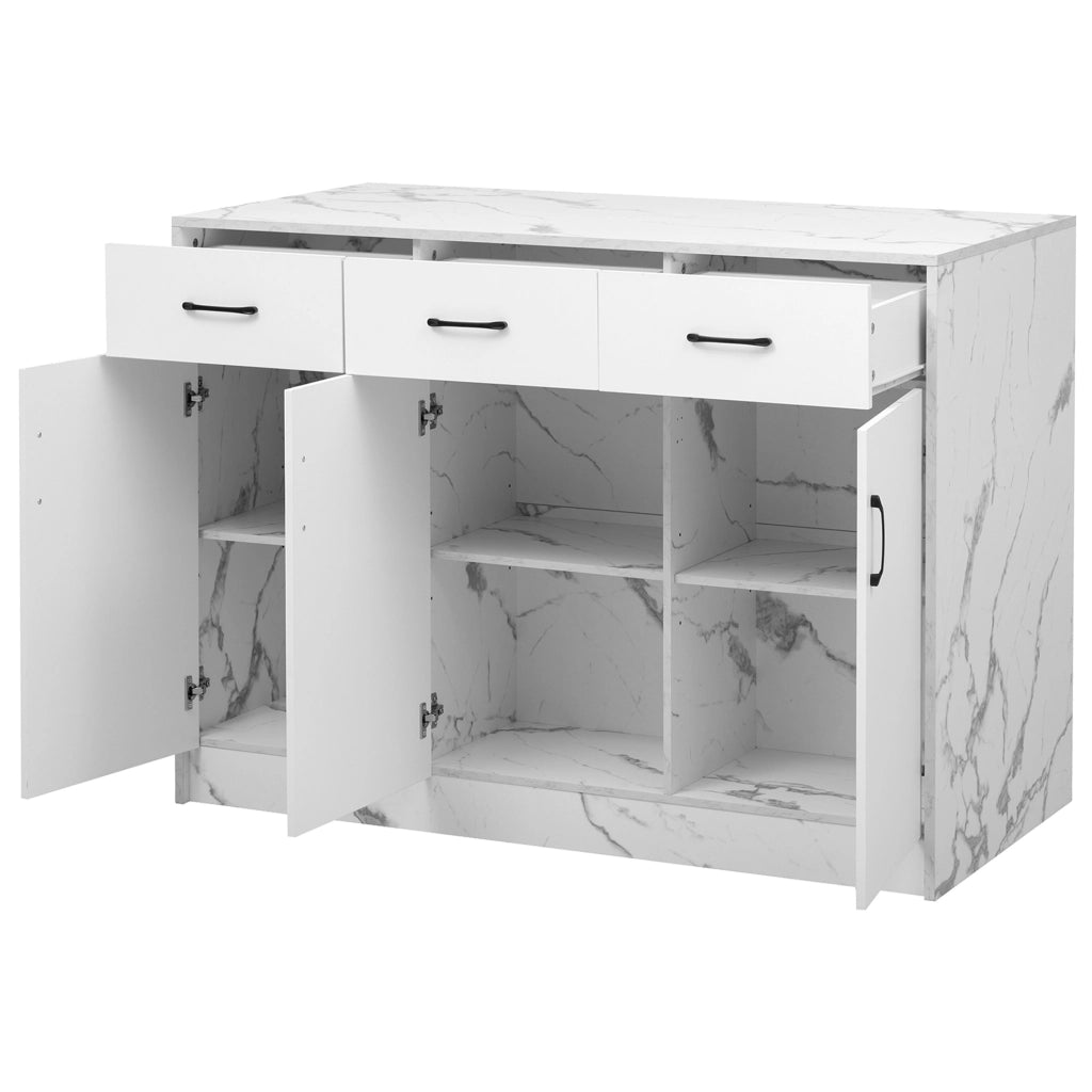 Isola da cucina 120x60x90.5 cm con bar integrato; 3 cassetti e 3 ante; MDF bianco marmo