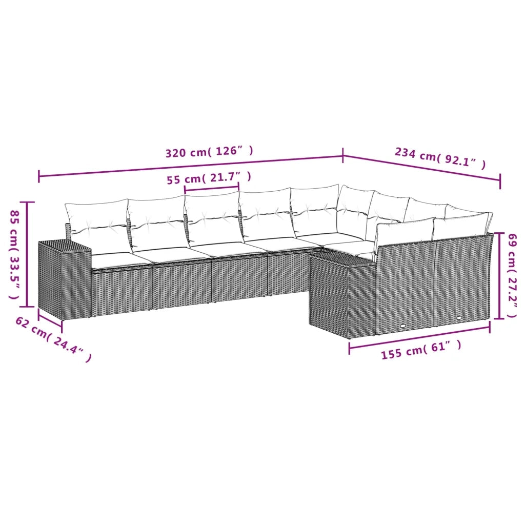 Set Divano da Giardino 9 pz con Cuscini Grigio in Polyrattan