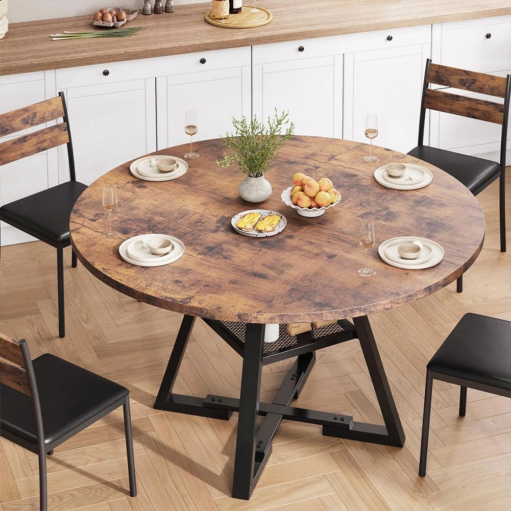 Tavolo per Sala da Pranzo Tondo Industrial con Ripiano Portaoggetti 120x120x76cm