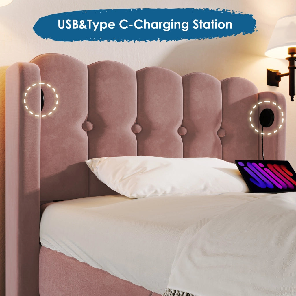 Letto Singolo Imbottito Rosa 90x200 cm con Funzione di Ricarica USB Tipo C e Rete a Doghe