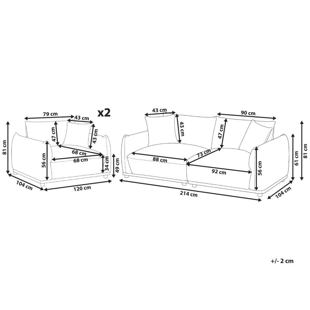 Set divano moderno a 5 posti in bouclè con cuscini decorativi e poltrone con gambe in legno bianco sporco stile moderno