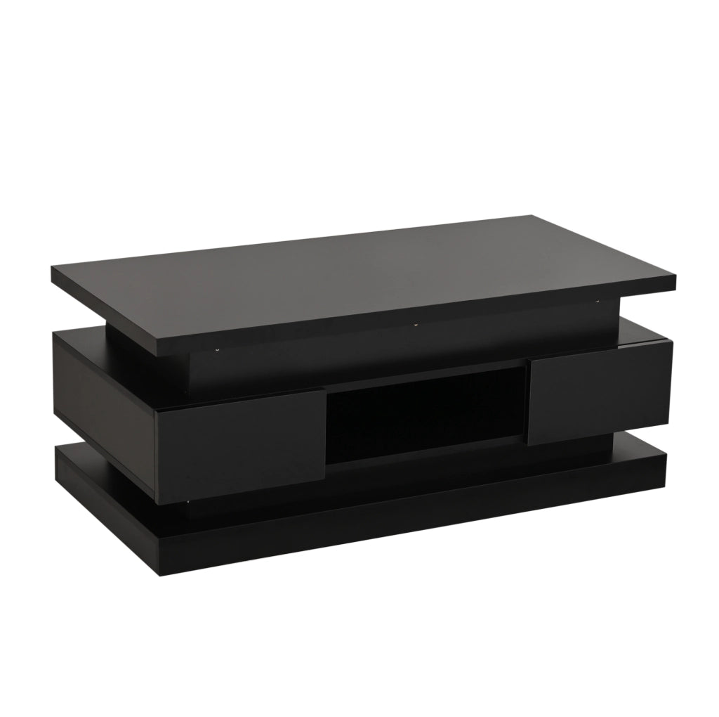 Tavolino da salotto sollevabile 100 x 50 x 40 cm in truciolare nero lucido con LED e 2 cassetti