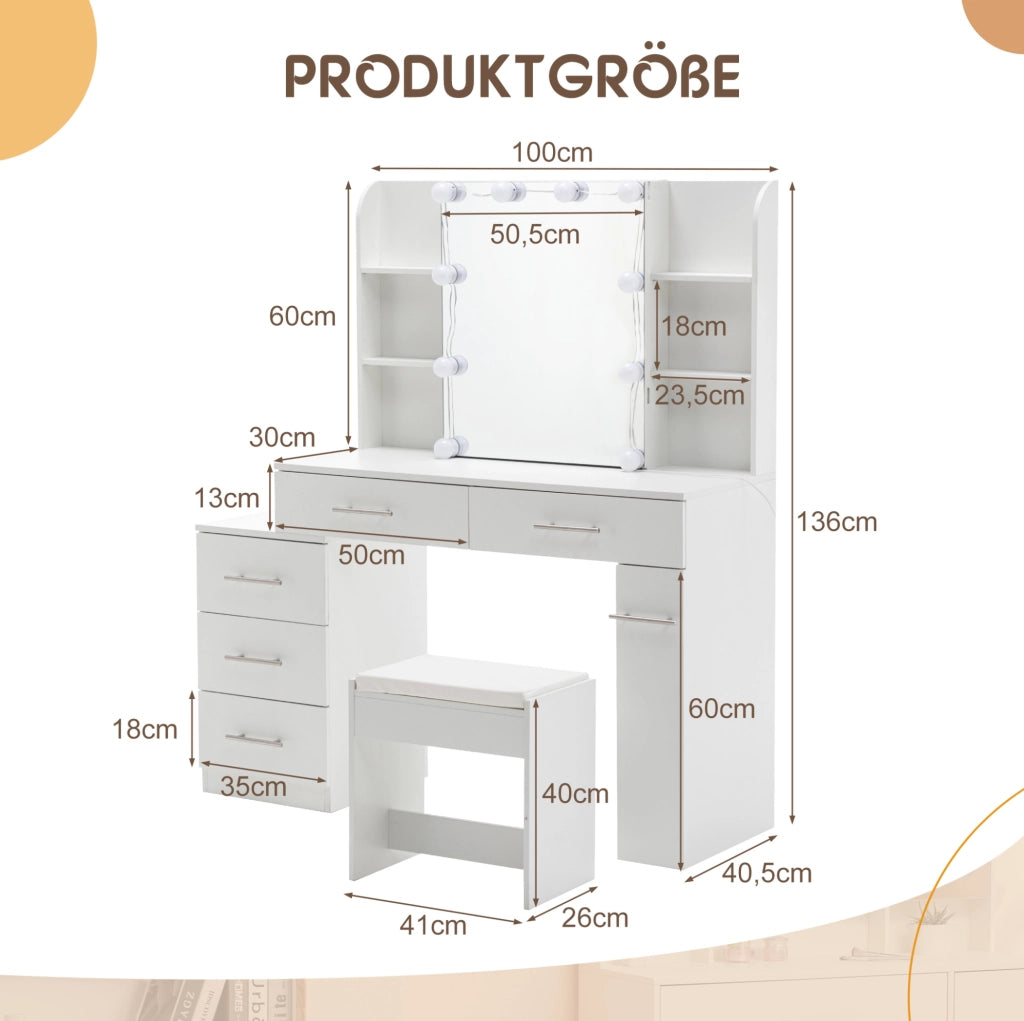 Tavolo da trucco 100x40,5x136 cm bianco con specchio scorrevole, LED e vani, MDF,