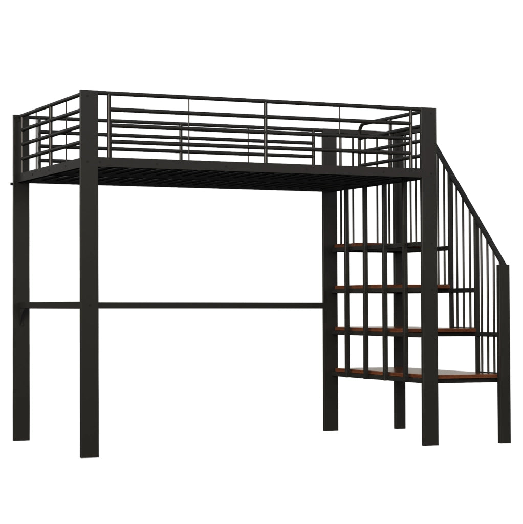 Letto a soppalco 140x200 cm in metallo e legno con scala integrata; nero
