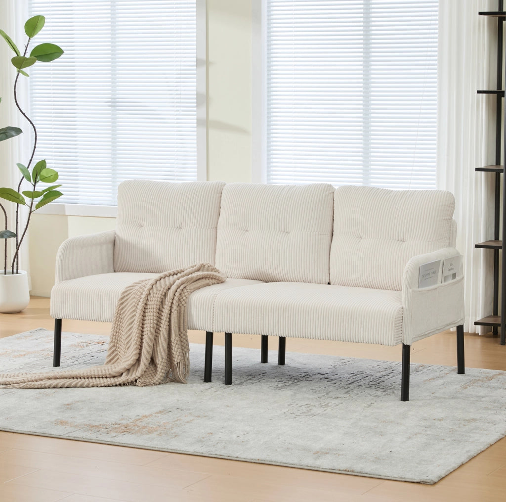 Divano 3 posti in velluto a coste con tasca laterale; 171x72x80 cm; beige