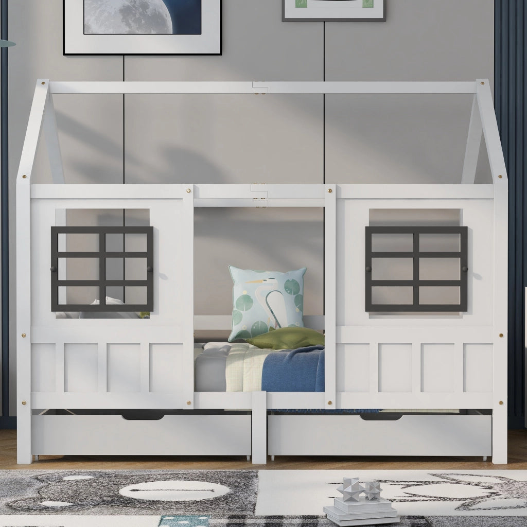 OKWISH Letto a casetta 200×90 cm, Letto Singolo con 2 Cassetti, 2 Finestre e Sponde di Sicurezza, senza Materasso, in Legno, Bianco