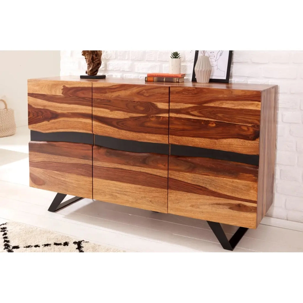Buffet ORKAN 150 cm – Legno massiccio di Sesham e metallo nero – 3 porte design industriale