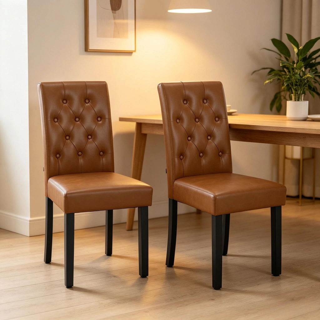 Set di 2 sedie da pranzo in ecopelle marrone con schienale alto e struttura in legno massiccio