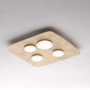 Plafoniera in metallo laccato bianco con decorazione oro antico e diffusori in silicone a led integrato 4 luci