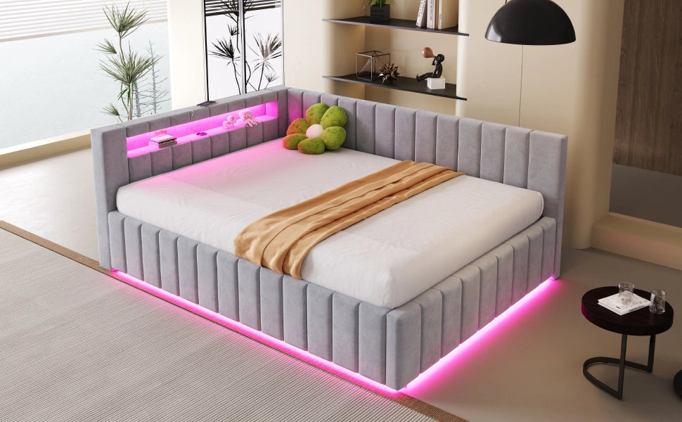 Letto imbottito 140x200 cm con contenitore idraulico, LED, USB, testiera e schienale in velluto grigio