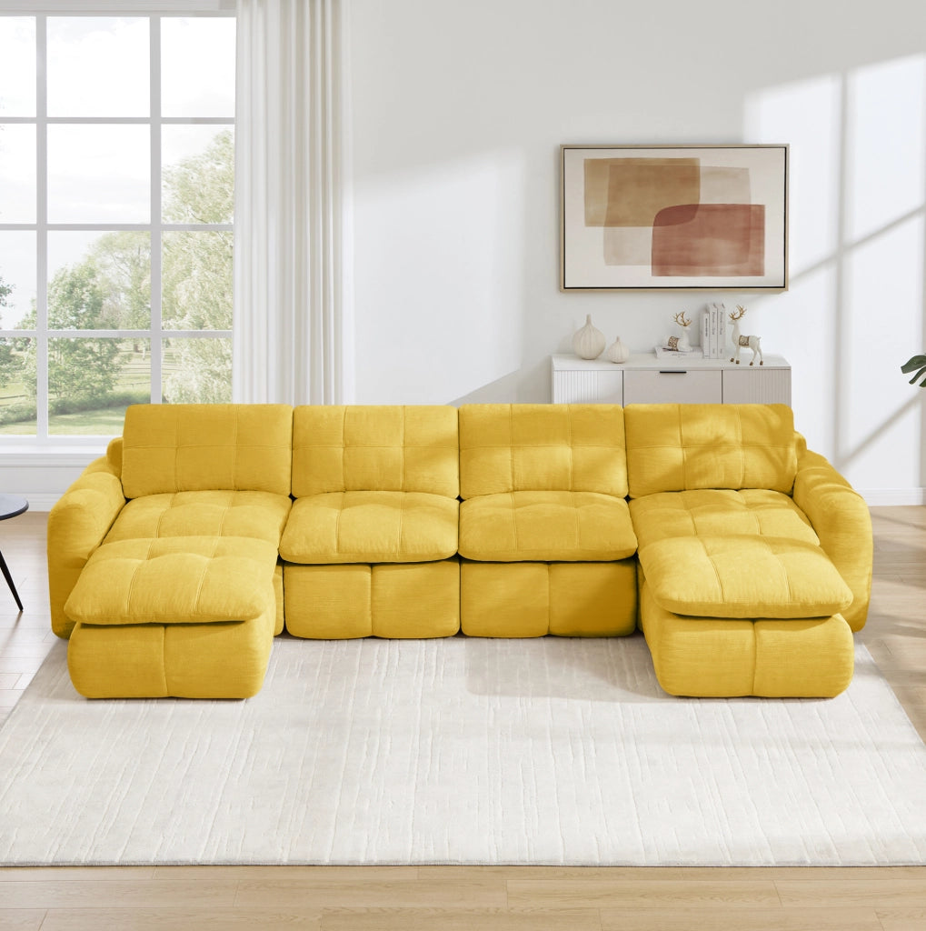 Divano modulare a U in chenille gialla 334x160x68 cm; design trapuntato e senza montaggio